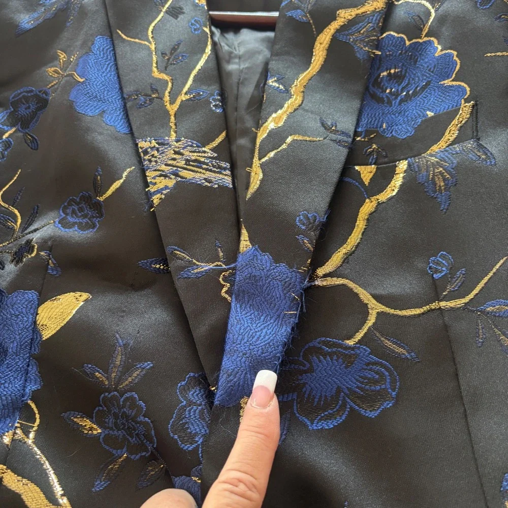 Cloudstyle Mens 2 Piece Floral Dress Suit Blue Gold Tuxedo Jacket Pants Medium